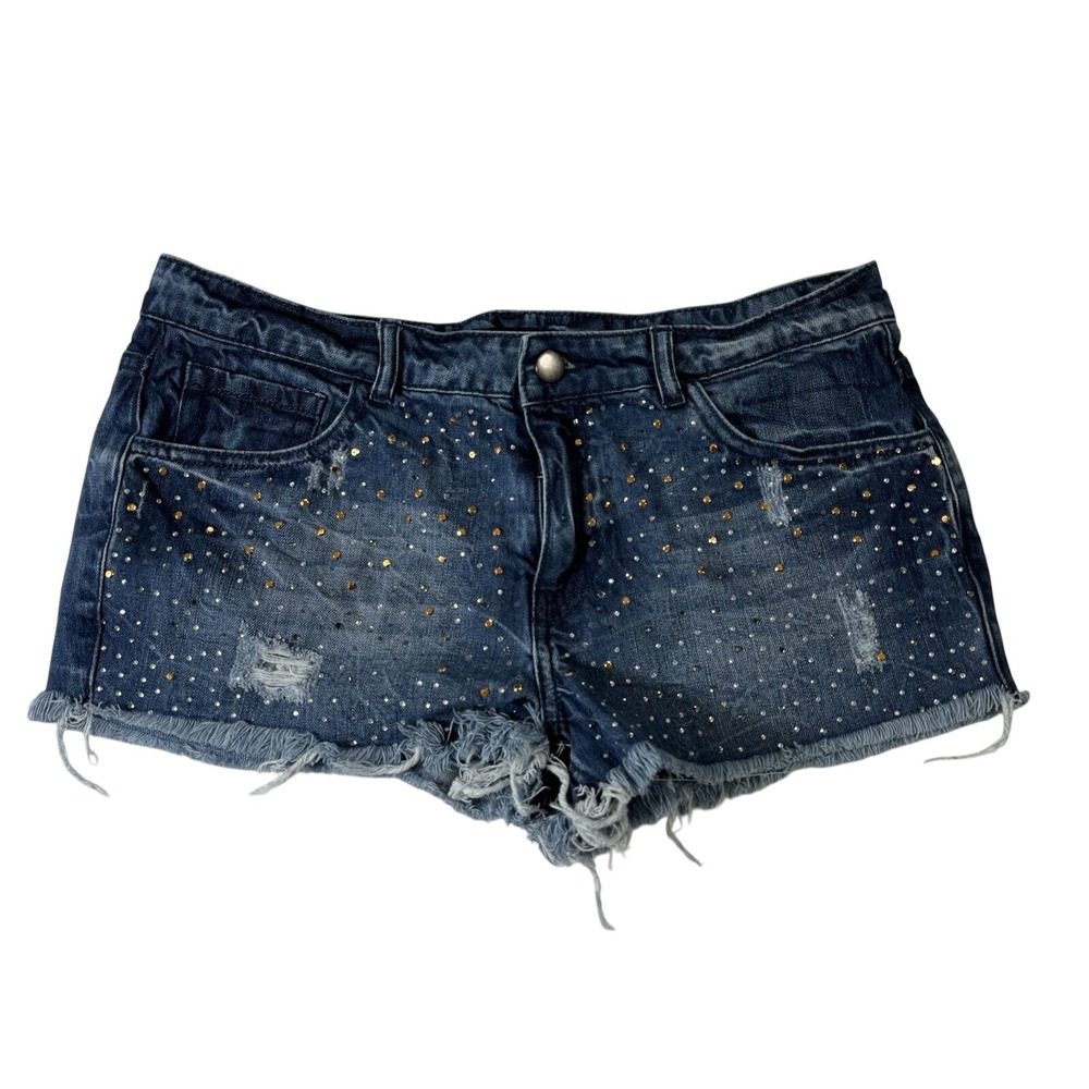 Forever 21 Rhinestone Embellished Distressed Denim Shorts Blue Size 29 Cut Offs